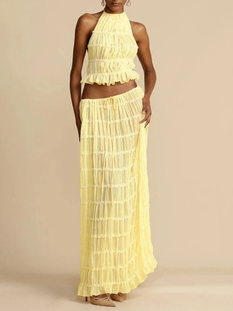 2025 Women Summer Loungewear Suits, Halter Short Top Maxi Skirts 2PCS Matching Sets, White Color Fashion Backless Ladies Outfit