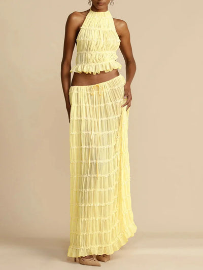 2025 Women Summer Loungewear Suits, Halter Short Top Maxi Skirts 2PCS Matching Sets, White Color Fashion Backless Ladies Outfit