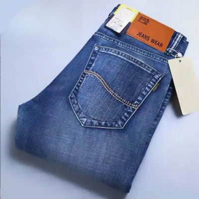 Mens Denim Pants Spring Casual Business Straight Fit Loose Elasticated Jeans Stylish Comfortable Pants for Work and Daily Wear