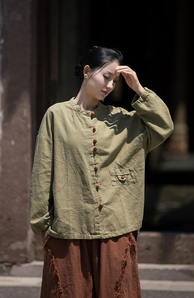 Cotton Linen Women's Literary Vintage Ramie Tops Shirt Women's Patchwork Colour Plate Button Lapel Cardigan Jacket Chinese Style