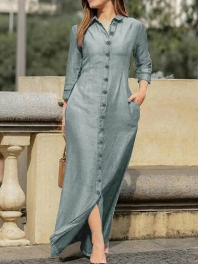 Elegant Long Dress For Women Spring Autumn Long Sleeve Solid Color Cotton And Linen Shirt Dresses Casual Button Dress Robe Femme
