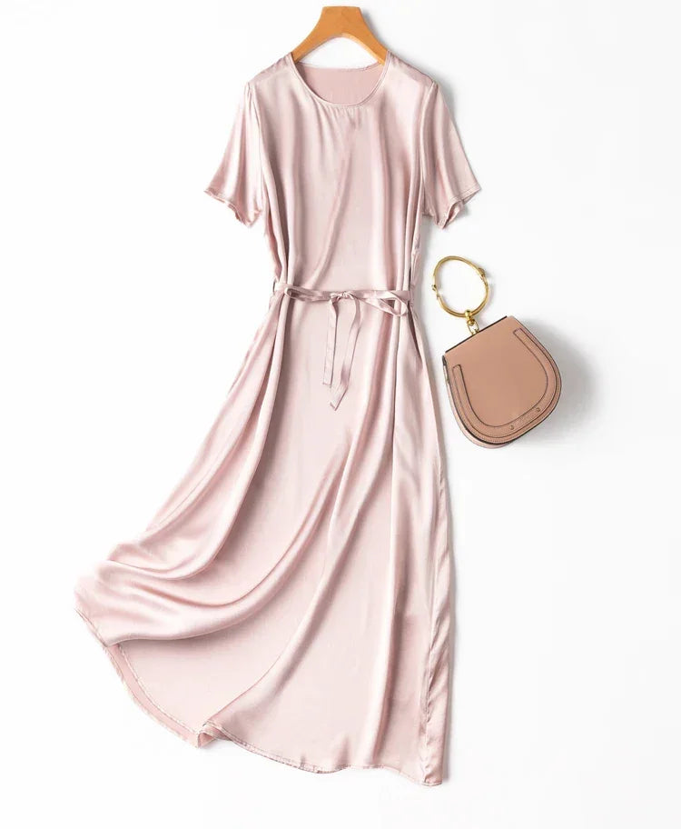 Women Midi Dress 100% Mulberry Silk 20 Momme Crew neck belted waist Solid Color Light Pink A Line Long Dress MM883