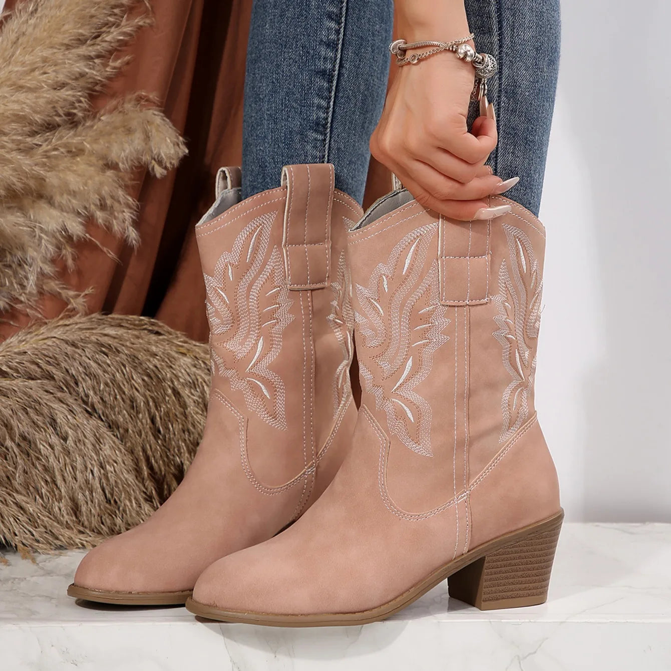Shoes for Women New Embroidered Western Cowboy Boots Women Autumn Pointed Toe Thick Heel High Knee Boots Woman Botas De Mujer