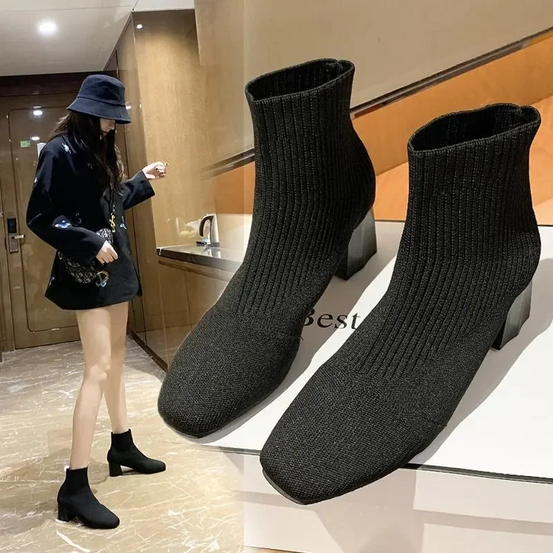 Stretch  Sock Boots For Women Shoes Square Heel Yellow Knitting shoes Elastic Cottton Boots Lady Footwear