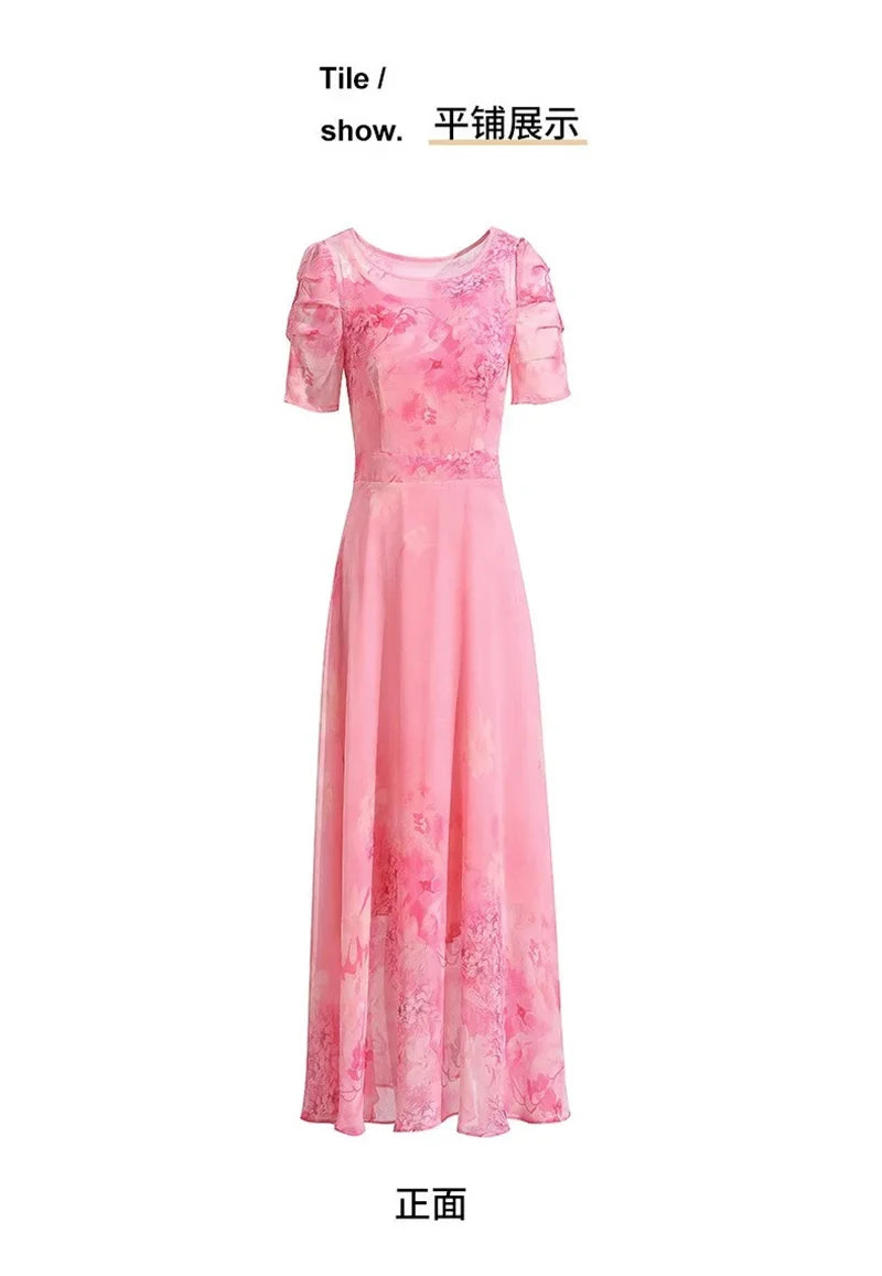 Women's Summer Dress 2025 New Fashion Printed Pink Chiffon Dress O-neck Short Sleeved Long Party Dresses Elegant Women Vestidos