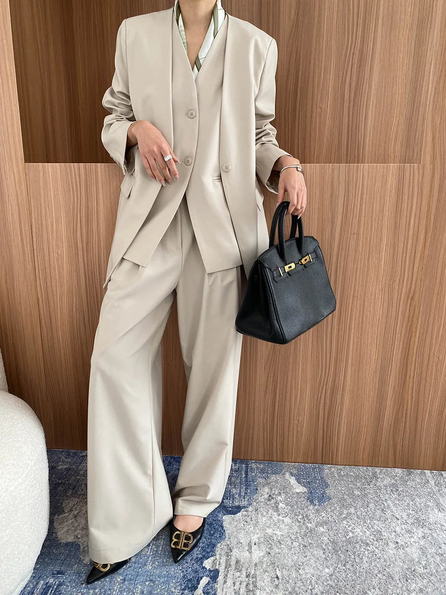 Spring and Autumn Women's Casual Solid Color Loose Jacket+V-neck Vest+Wide Leg Pants Set