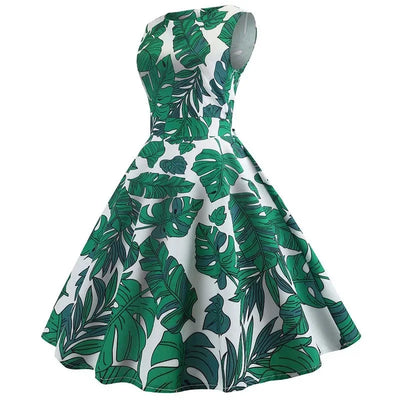 Women's Summer Sleeveless Midi Dress Green Leaf Print O-Neck Retro Vintage Party Robe Casual Elegant Female Clothing
