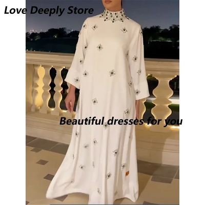 Customized Luxurious High Neck Beading Women's Evening Dresses for Birthday Party A-line Long Sleeves Party Dresses