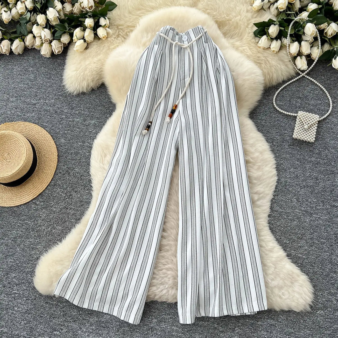Pant Women Wide Leg Long Pants Striped Casual Loose High Waist Straight Trousers Y2k Streetwear Elegant Splice Work 2025 Capris
