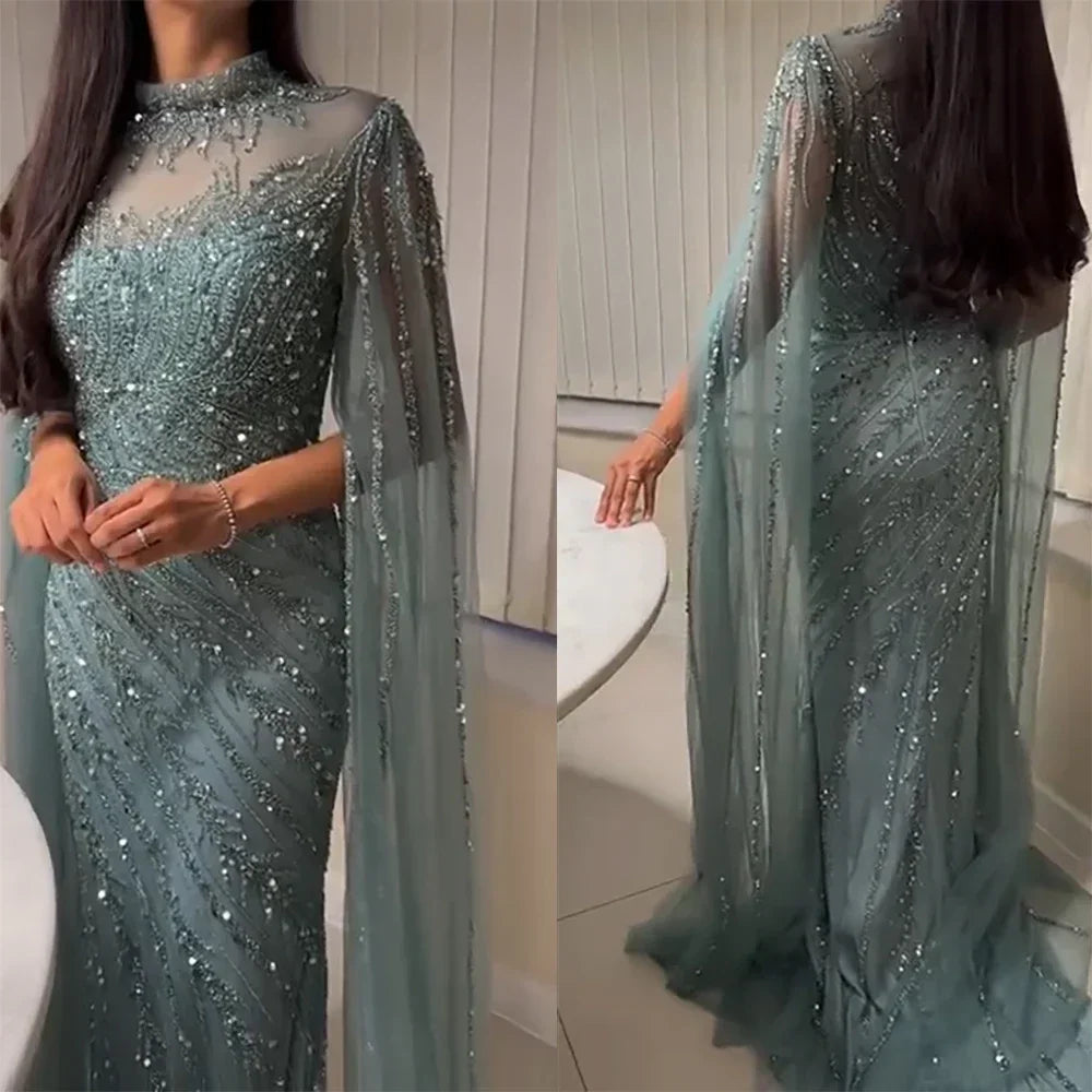 FATAPAESE Luxury Evening Dress 2025 Sheath Beading Sequined High neck Full Sleeve Zipper Sweep Prom Dress Shiny Formal Gowns