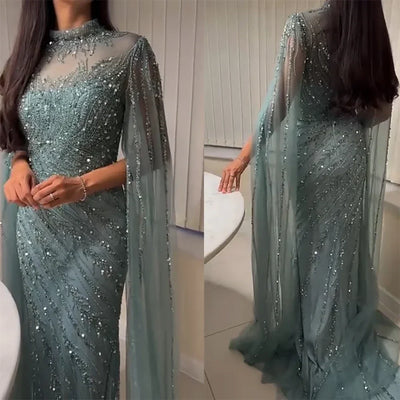 FATAPAESE Luxury Evening Dress 2025 Sheath Beading Sequined High neck Full Sleeve Zipper Sweep Prom Dress Shiny Formal Gowns
