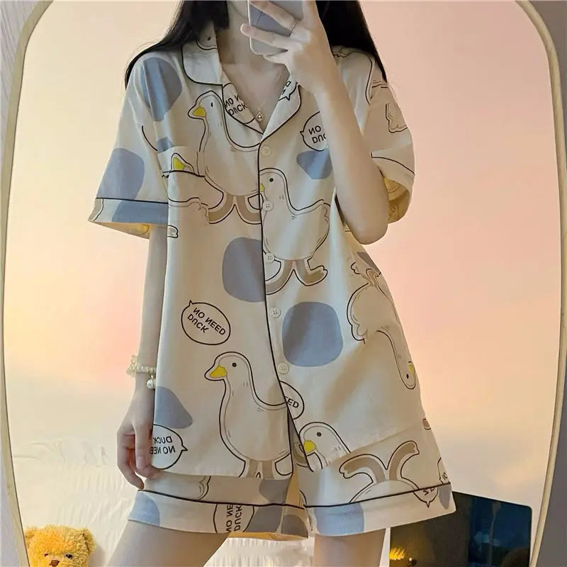 Women's Pajamas Loungewear Cartoon Goose Nightwear Homewear Ladies Tops and Pants V-Neck Sleepwear Comfortable and Breathable