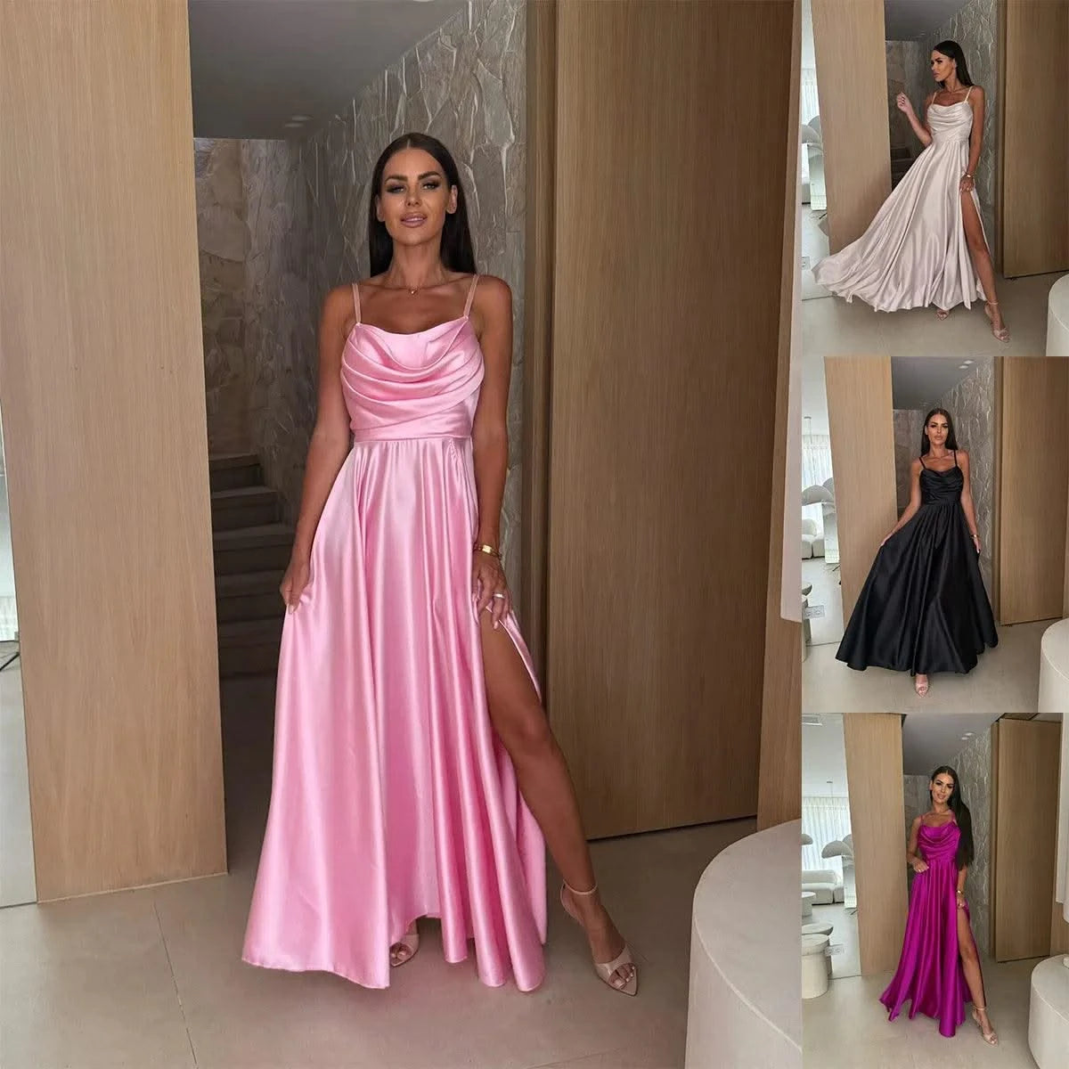 2025 Summer Women's Sexy Off Shoulder Solid Color Folded Split Strap Dress