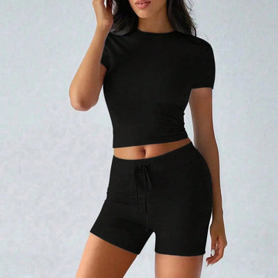 Women's Shorts Tracksuit Outfits Simple Solid Comfy Short Sleeve Tops Drawstring Waist Shorts Set Causal Sports Yoga Style Set
