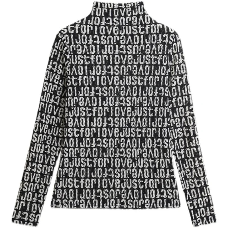 Printed Waffle Mesh T-shirts For Women New Autumn Slim-fit Base Half High Neck Strech Basic Tops Female