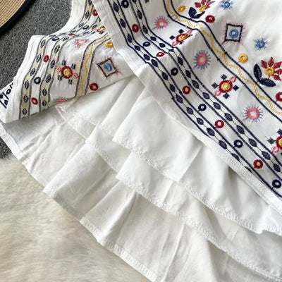 Boho Dress for Women Embroidery Floral Print V-neck Elastic Waist Lace-up Dresses with Belt Summer Vestidos Folds Dropshipping