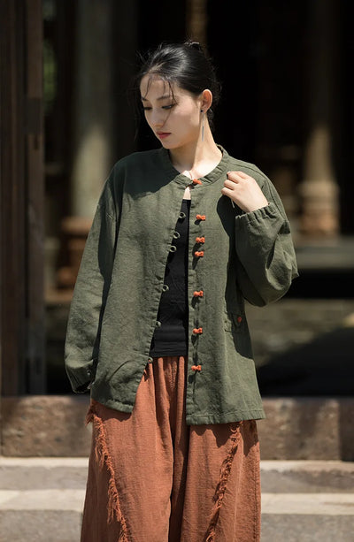 Cotton Linen Women's Literary Vintage Ramie Tops Shirt Women's Patchwork Colour Plate Button Lapel Cardigan Jacket Chinese Style