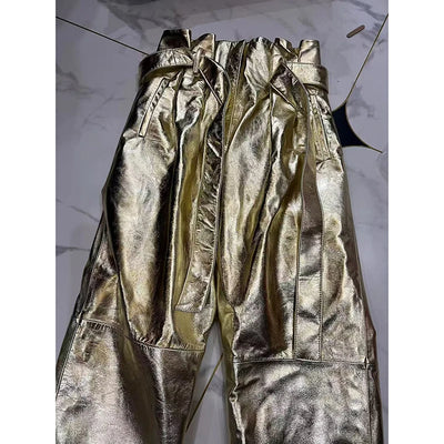 Stylish Genuine Leather Pants Women Sheepskin Bow Tie Lace High Waist Trousers Mujer Khaki/Green Straight Wide Leg Pantalon