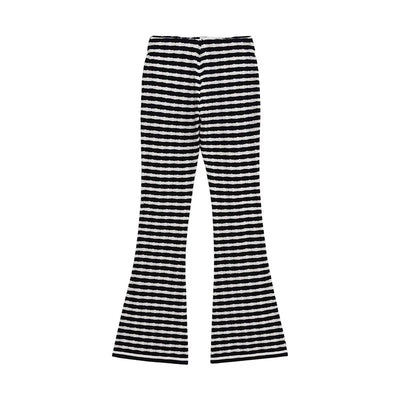 Summer polo collar stripe knit t shirts women 2 pc sets short sleeve knitwear casual high waisit wide leg pants suits female