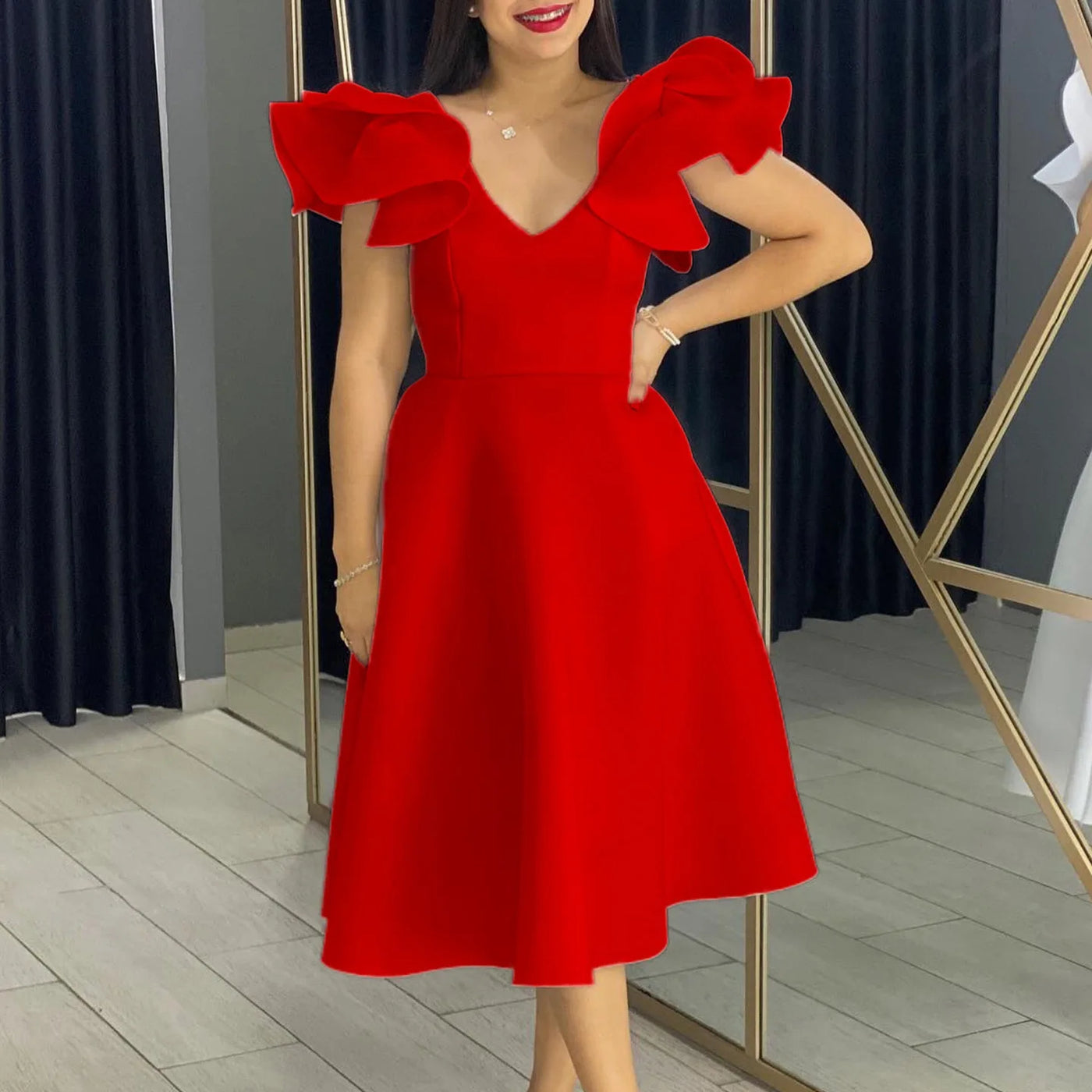 Elegant Party Dresses for Women V Neck Ruffles Sleeve High Waisted A Line Mid Calf Luxury Birthday Dinner Vestidos Mujer Dress
