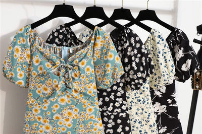 Women Mini Printed Floral Chiffon Shirring Pleated Short Puffy Sleeve Casual Dresses Summer Fashion