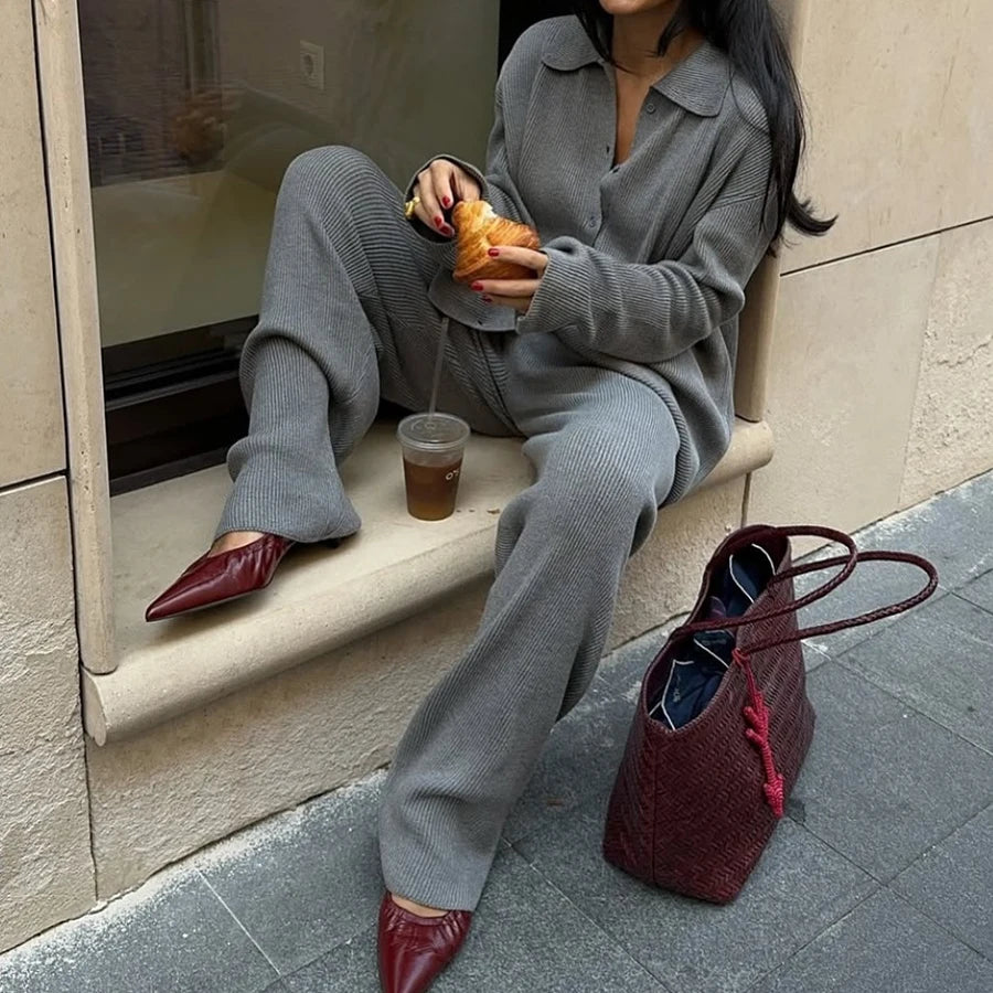 2025 Autumn Street Outfits Knitted Cardigan Pants Sets Women Single Breasted Lapel Sweater High Waist Wide Leg Trousers Suit