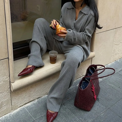 2025 Autumn Street Outfits Knitted Cardigan Pants Sets Women Single Breasted Lapel Sweater High Waist Wide Leg Trousers Suit