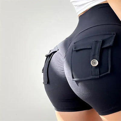 Shorts Women Solid Yoga Pants Pocket Button Short Pant Slim Fit Trousers Wrap Hip Splice Sporty High Waist Lady Summer