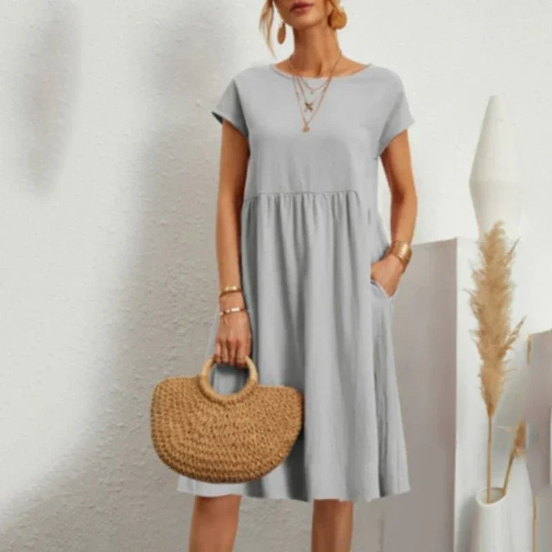 Women's Dresses 2025 Summer Fashion Casual Dresses Women Loose Mid Length Over Knee Dress New Short Sleeve Solid Dress Woman