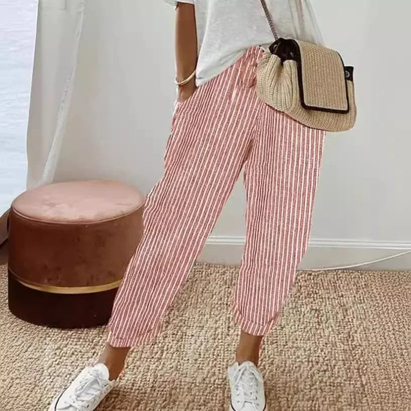 2025 New Women's Trousers Stripes Casual Loose Fashion Elastic Waist Pocket Straight Basic Pants