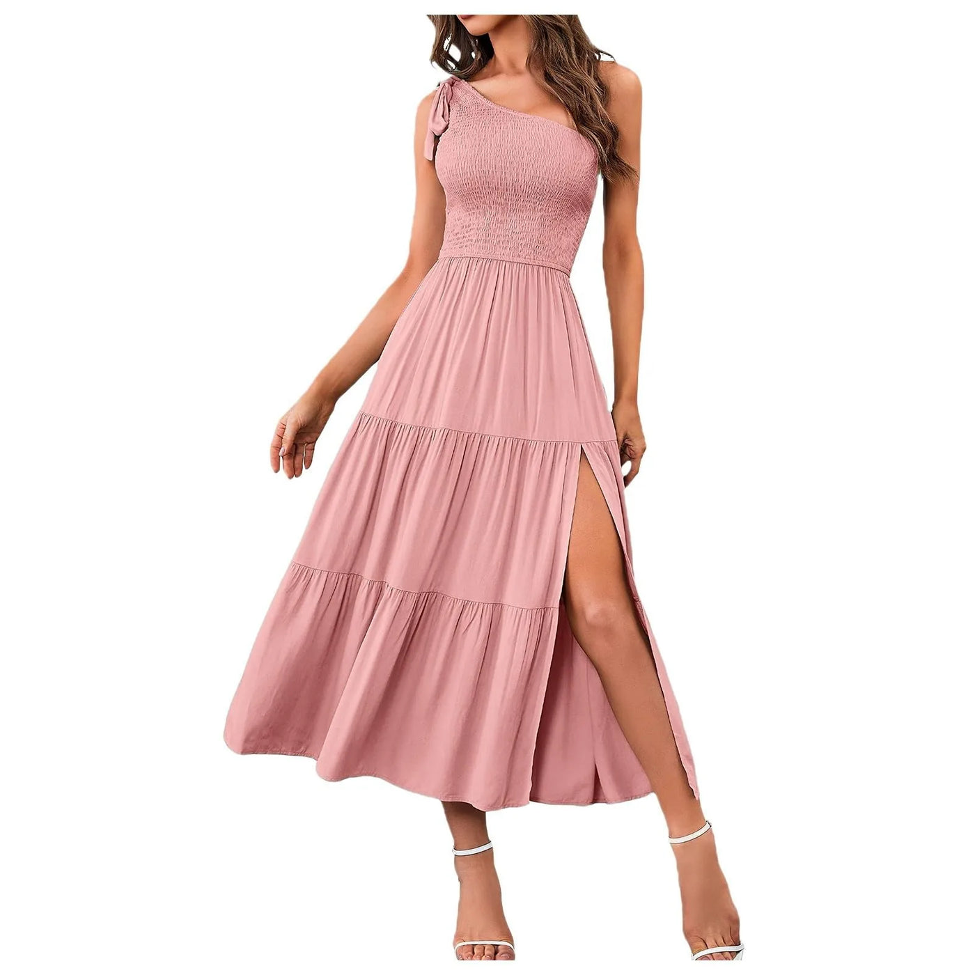 Elegant Dresses For Women Women'S Summer Casual One Shoulder Sleeveless Smocked Elastic Waist Tiered Midi Dress платье