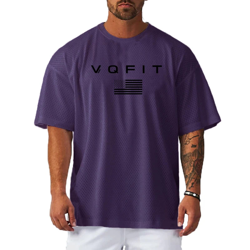 Oversized Gym Bodybuilding Muscle Tops Loose Mesh Quick Dry Shirt Fitness Men's T-Shirt Sports Running Short Sleeve