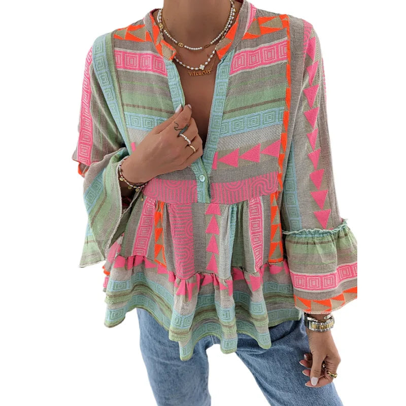 Women Loungewear Shirts V-Neck Long Flare Sleeve Fashion Ruffles Ladies Pullover Blouses 2023 Patchwork Streetwear Dropshipping