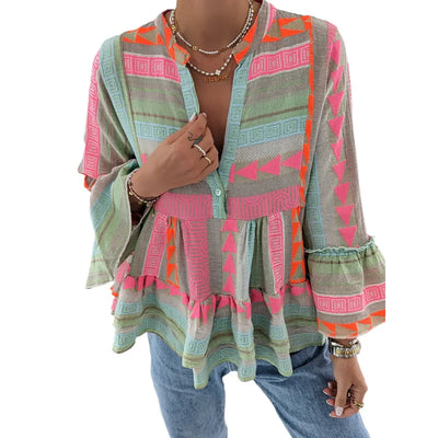 Women Loungewear Shirts V-Neck Long Flare Sleeve Fashion Ruffles Ladies Pullover Blouses 2023 Patchwork Streetwear Dropshipping
