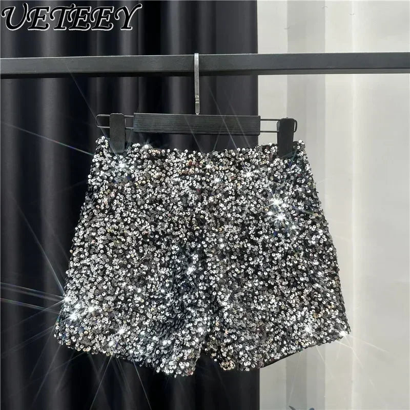 2025 New Summer Spring New Full Sequined Shiny Casual Shorts Heavy Zipper Nightclub Socialite Short Shorts Hot Pants for Women - Elanique