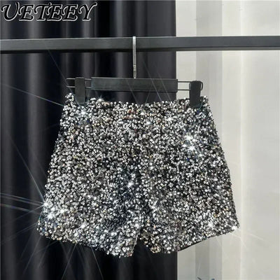2025 New Summer Spring New Full Sequined Shiny Casual Shorts Heavy Zipper Nightclub Socialite Short Shorts Hot Pants for Women - Elanique