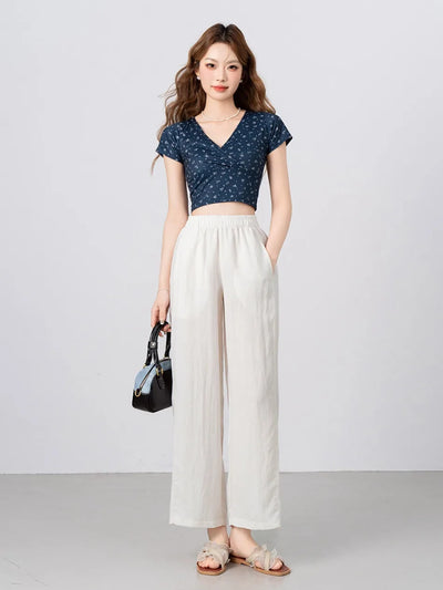 New Wide-leg Pants Women Clothing Summer Thin Loose Straight Casual Pants Solid High Waist Drape Nine-point Literary Pants