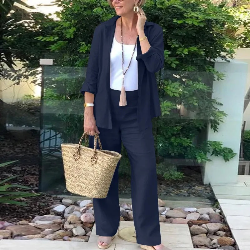 Cotton Linen Sets Womens Outifits Mathing Grey Long Sleeve Lapel Shirt Blouse Casual Long Pant Two Piece Tracksuit Suits