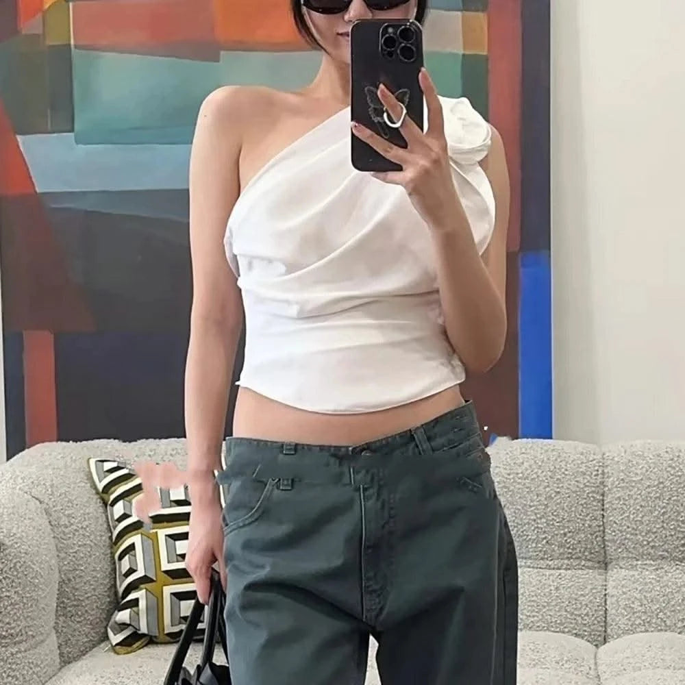 Linen Blend One-Shoulder Women's Vest Y2K Style Peplum Top with Stereoscopic Flower Decoration Elegant Commuter Wear for Summer