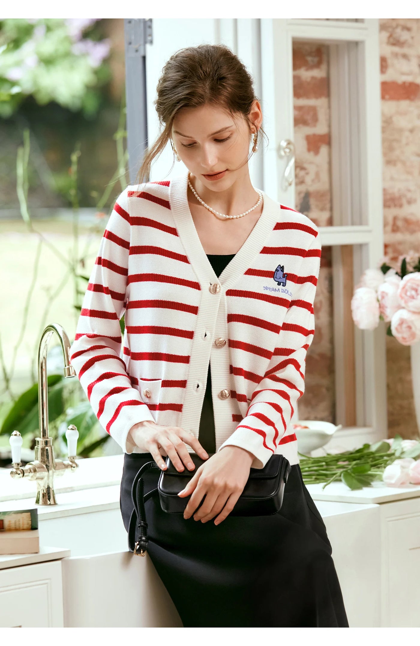 OLrain Wool Blend Striped Cardigan Women 2025 Spring Commute Embroidery V Neck Long Sleeve Chic Button Knitwear M56QZ86390