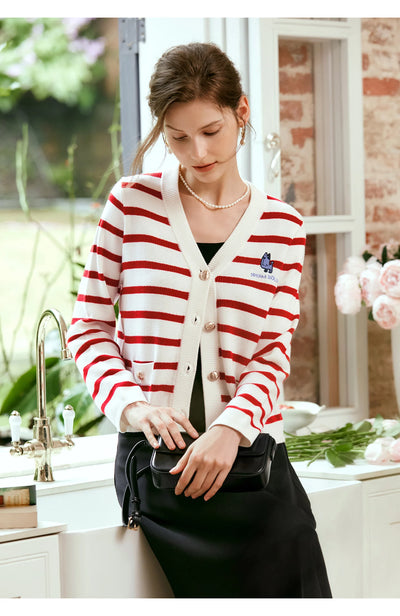 OLrain Wool Blend Striped Cardigan Women 2025 Spring Commute Embroidery V Neck Long Sleeve Chic Button Knitwear M56QZ86390