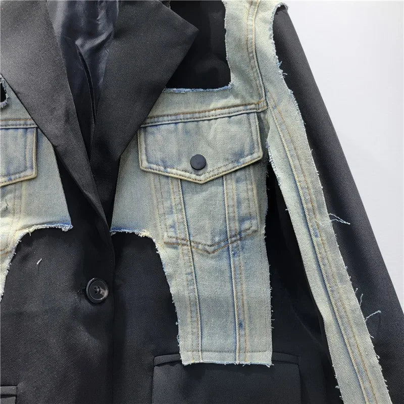 YEAE Women's Blazer Unique Design Patchwork Denim Letters Graffiti Female Black Suit Jackets 2025 New Fashion Spring