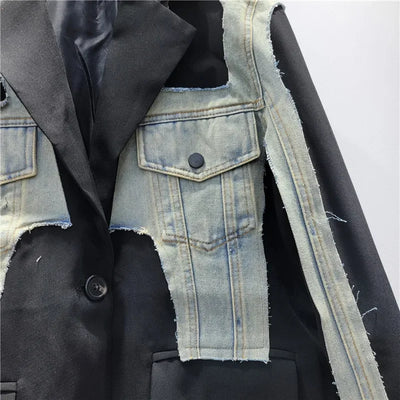 YEAE Women's Blazer Unique Design Patchwork Denim Letters Graffiti Female Black Suit Jackets 2025 New Fashion Spring