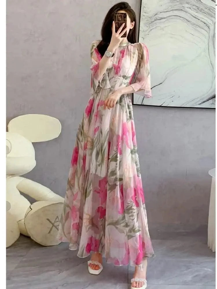 Summer Holiday Floral Dress Women Beach Flower Print Flare Sleeve Back Bow Lace Up High Waist Draped Chiffon Party Long Vestidos