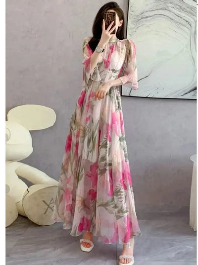 Summer Holiday Floral Dress Women Beach Flower Print Flare Sleeve Back Bow Lace Up High Waist Draped Chiffon Party Long Vestidos