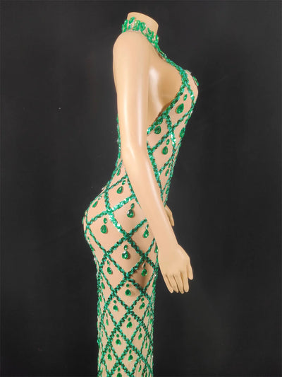 Women Sexy Stage Shining Rhinestone Sequins Dress Evening Prom Birthday Dress Transparent Performance Singer Club Host Dress