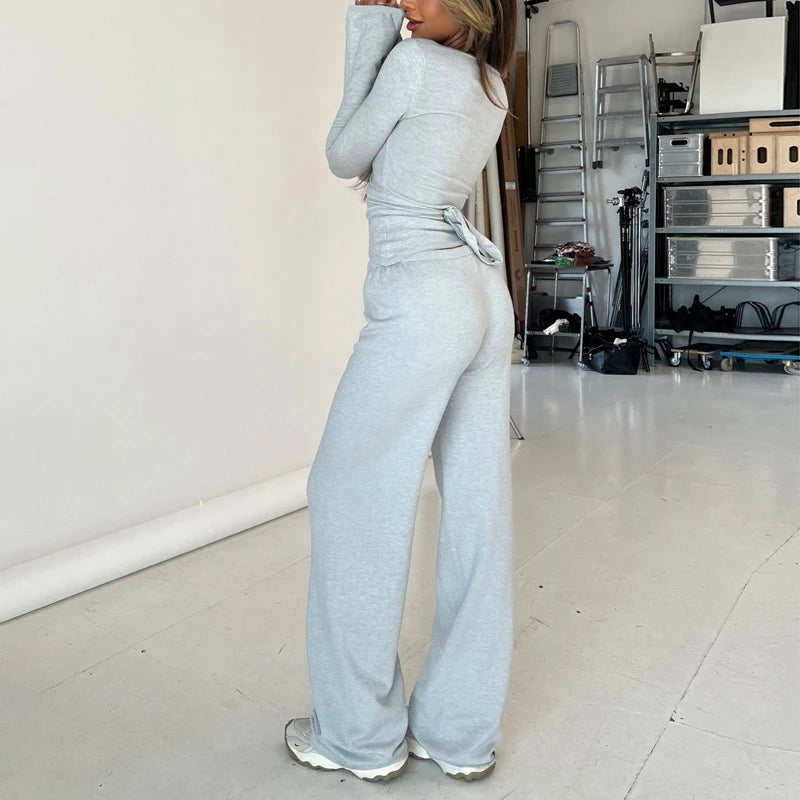 Women Fashion Lounge Set Vintage 2 Piece Outfit V Neck Waist Tie T-shirt + Elastic Waist Pants Autumn Long Sleeve Crop Tops