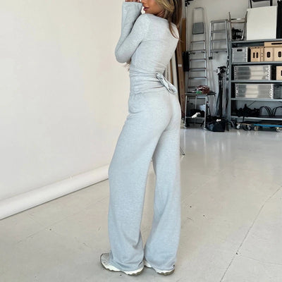 Women Fashion Lounge Set Vintage 2 Piece Outfit V Neck Waist Tie T-shirt + Elastic Waist Pants Autumn Long Sleeve Crop Tops