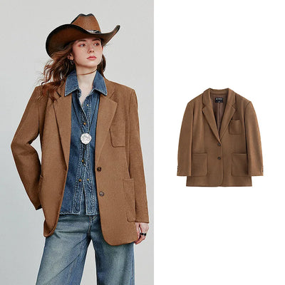TOYOUTH Women Blazer 2025 Autumn New Barn Style Retro Brown Suede Lightweight Lapel Collar Single Breasted Button Suit Coat