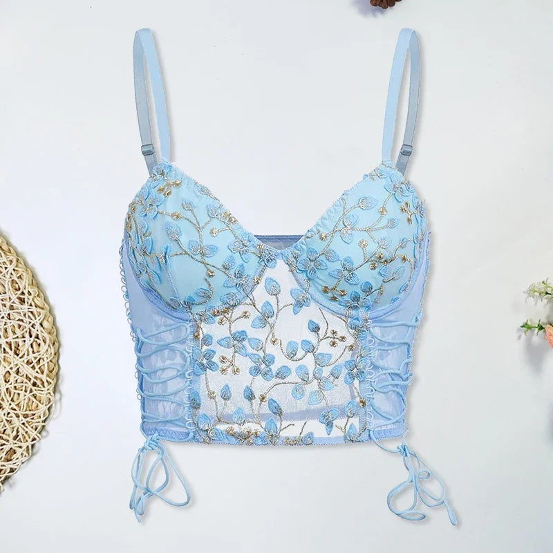 Women Blue Camisole Vest Bra Embroidery Flower Corsets Slim Fit Versatile Lady Bustier Corset Tops Sexy Mesh Back Lingerie